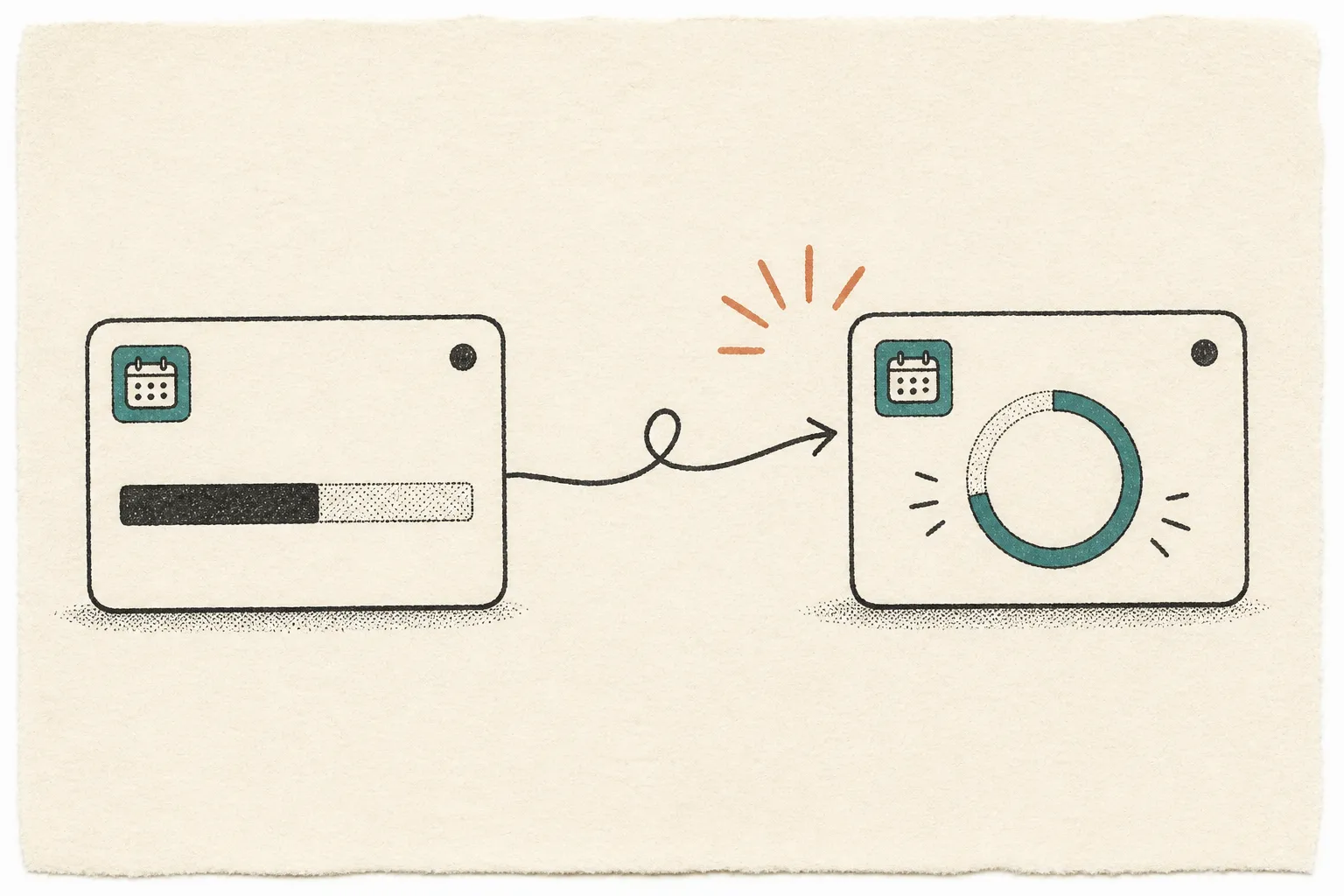 A hand-drawn visual of a calendar duration changing into a countdown, with a small terracotta spark marking the realisation.
